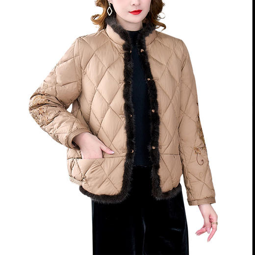 YQ-2022年冬季新款复古保暖夹棉外套绣花真水貂绒上衣女装 商品图4