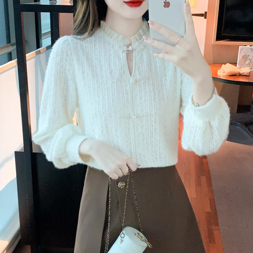 盘扣蕾丝打底衫女，冬加绒内搭别致上衣长袖磨毛洋气小衫AYL-2993 商品图3