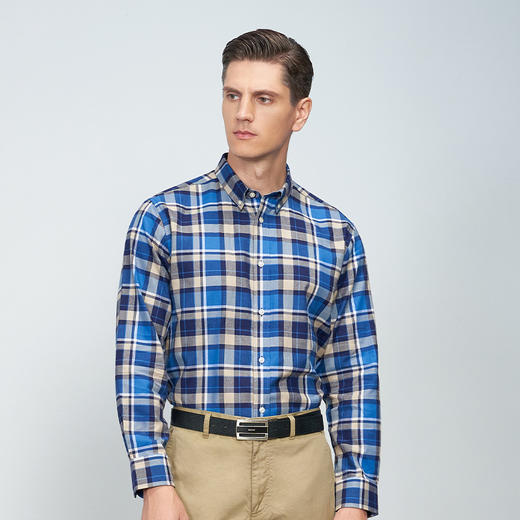 METTE羊绒世家男士衬衣秋冬新品衬衫时尚方领蓝色格子长袖上衣 商品图2