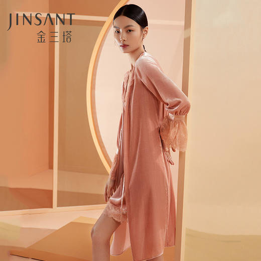 金三塔桑蚕丝丝绒晨袍秋冬女蕾丝贵族睡袍睡裙长款外穿晨袍 YSFBC108 商品图1