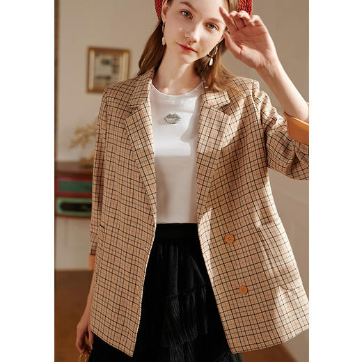 欧芮儿2020春新品双排扣格子小西装气质宽松显瘦西服外套女上衣 商品图1