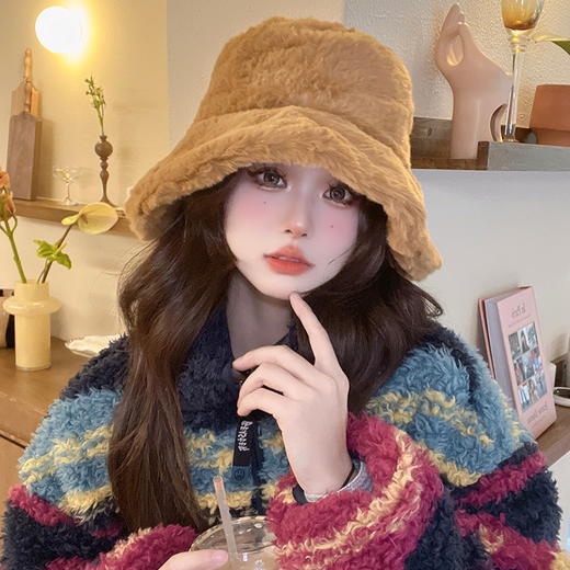 韩版ins兔毛保暖显脸小渔夫帽子女个性百搭盆帽潮流护耳水桶帽 商品图0