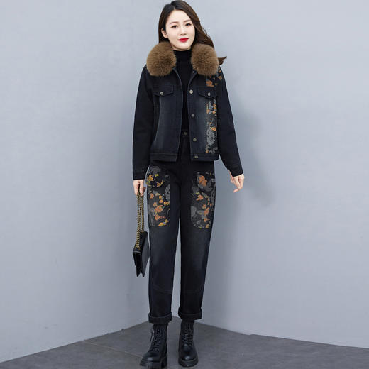 港风套装复古chic冬季韩版加绒加厚休闲显瘦牛仔两件套HR-WX78979 商品图1