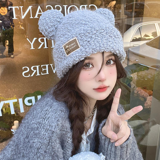 秋冬季新款护耳显脸小毛绒帽子女保暖可爱熊耳套头帽萌趣小熊盆帽 商品图3