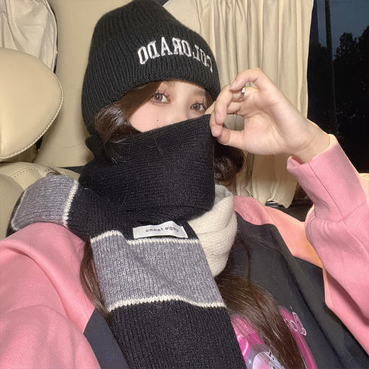 秋冬新款柔软韩国ins拼色条纹围巾韩版复古长款冬季保暖针织围脖 商品图3