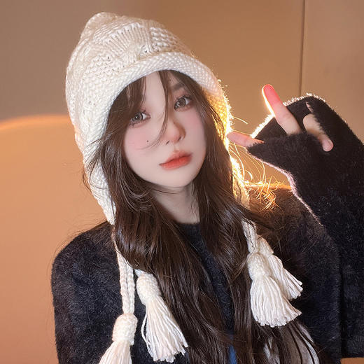 护耳帽子红色保暖国潮针织毛线流苏帽休闲可爱学生针织毛线帽子女 商品图2