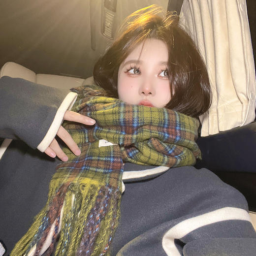 秋冬季新款复古绿色格子围巾女士韩版百搭时尚保暖披肩美式围脖 商品图2