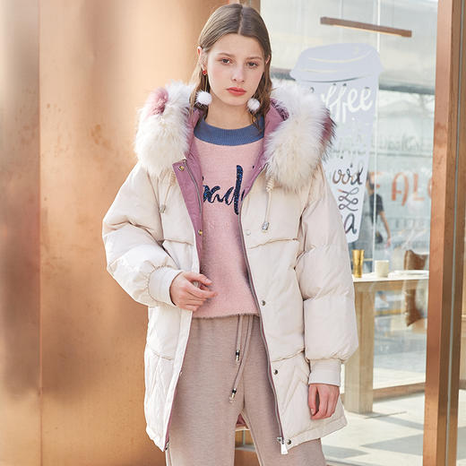 2019冬装新款长袖貉子毛连帽大毛领羽绒服女中长款加厚白鸭绒外套 商品图0