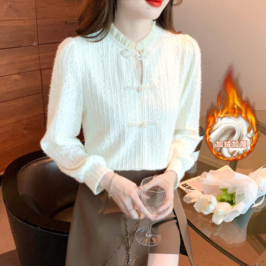 盘扣蕾丝打底衫女，冬加绒内搭别致上衣长袖磨毛洋气小衫AYL-2993 商品图2