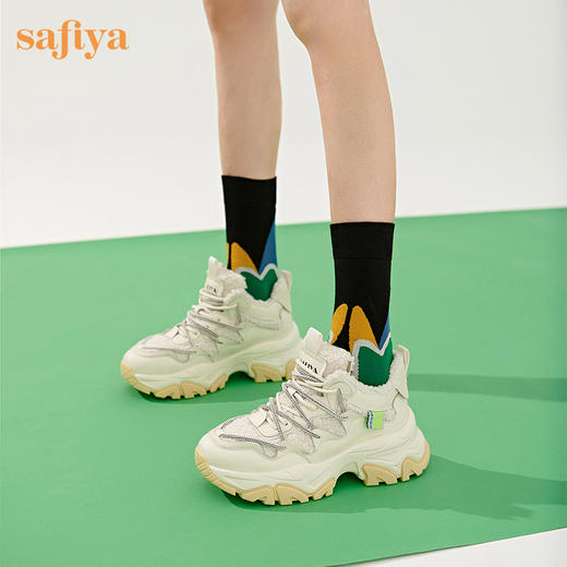 Safiya/索菲娅 潮酷双系带2022冬季新款加绒小个子拼接厚底增高老爹鞋 SF24112129 商品图6
