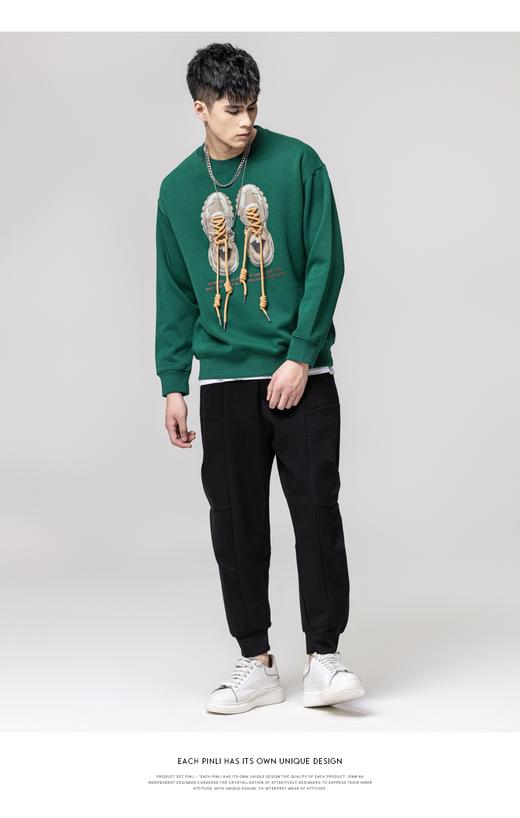 PINLI品立秋季新款男士圆领拼接鞋带压胶印花卫衣BG223209004 商品图4