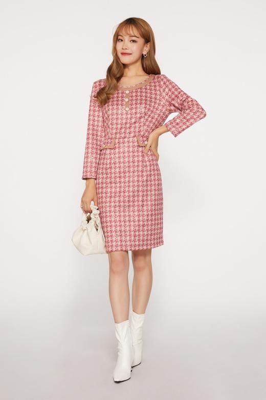 Le Malene 小香风粉色千鸟格连衣裙 10106 商品图4