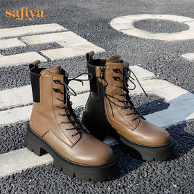 【春节不打烊】Safiya/索菲娅 商场同款2022年冬季新款英伦风机车拼接厚底系带马丁靴女 SF24116104