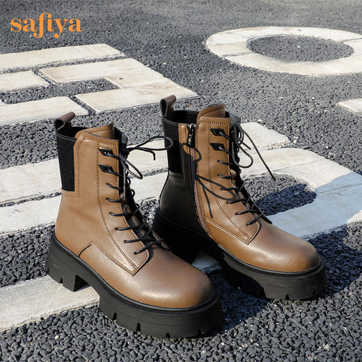 【春节不打烊】Safiya/索菲娅 商场同款2022年冬季新款英伦风机车拼接厚底系带马丁靴女 SF24116104 商品图0