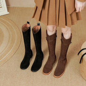 OLD PS1125aa法式复古气质显瘦不过膝长靴牛翻皮粗跟高筒靴