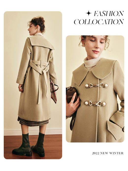 OLrain欧芮儿法式驼色毛呢外套女春2025年新款海军领中长款大衣 商品图0