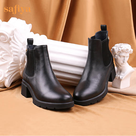 【春节不打烊】Safiya/索菲娅 款秋冬牛皮高跟2022冬季新圆头厚底切尔西烟筒靴SF24116046 商品图7