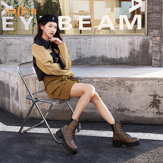 【春节不打烊】Safiya/索菲娅 商场同款2022年冬季新款英伦风机车拼接厚底系带马丁靴女 SF24116104 商品图9