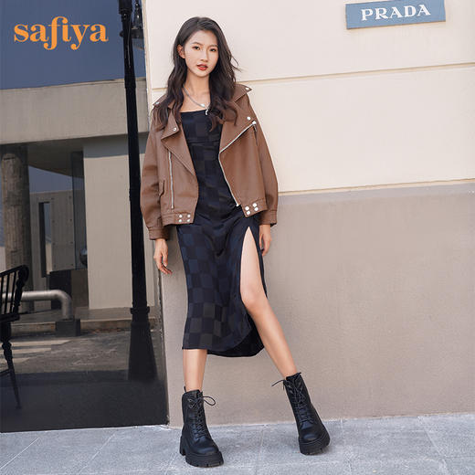 【春节不打烊】Safiya/索菲娅 商场同款2022年冬季新款英伦风机车拼接厚底系带马丁靴女 SF24116104 商品图6