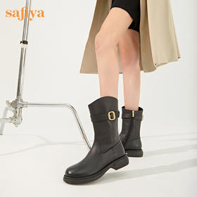 【春节不打烊】Safiya/索菲娅 英伦风2022冬季新款复古皮带扣斜口圆头显瘦短靴 SF24116022