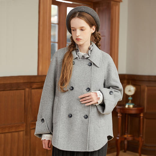 famecoco范可儿连帽双面呢大衣女短款冬季小个子羊毛斗篷外套F228AS001 商品图3