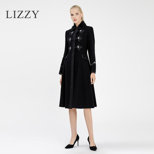 LIZZY 秋冬手工钉珠新中式翻领收腰毛呢大衣外套 商品图1