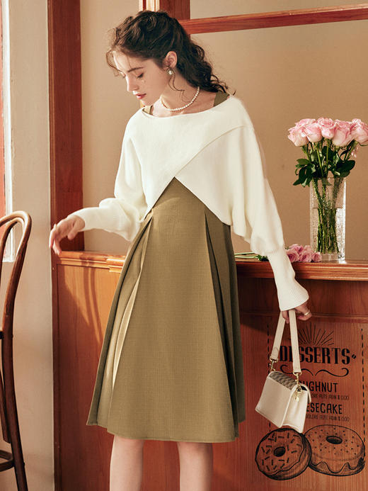 OLrain欧芮儿法式咖色时尚套装女秋冬2022年新款背带连衣裙两件套 商品图1