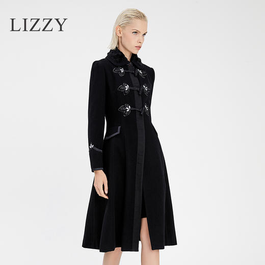 LIZZY 秋冬手工钉珠新中式翻领收腰毛呢大衣外套 商品图2