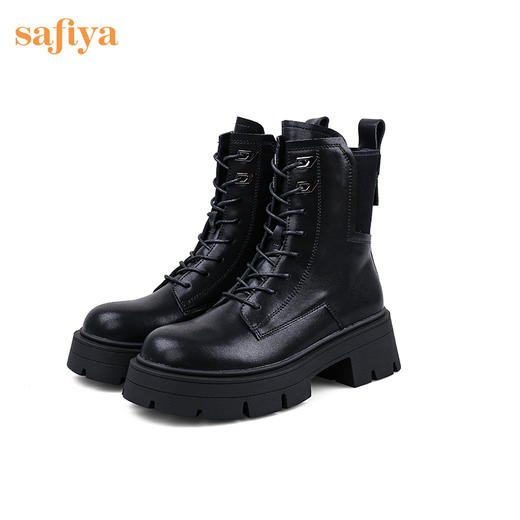 【春节不打烊】Safiya/索菲娅 商场同款2022年冬季新款英伦风机车拼接厚底系带马丁靴女 SF24116104 商品图1