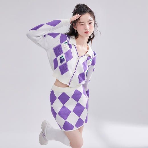 西遇V领针织衫套装女2022年秋季新款甜美葡萄格子毛衣半裙11621240 商品图0