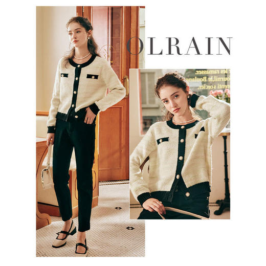 OLrain欧芮儿法式小香风毛衣外套女秋冬2022新款撞色圆领针织开衫 商品图0