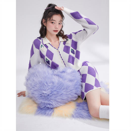 西遇V领针织衫套装女2022年秋季新款甜美葡萄格子毛衣半裙11621240 商品图2