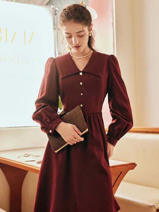 OLrain欧芮儿法式红色连衣裙女春季2023年新款收腰赫本风茶歇裙子 商品图0