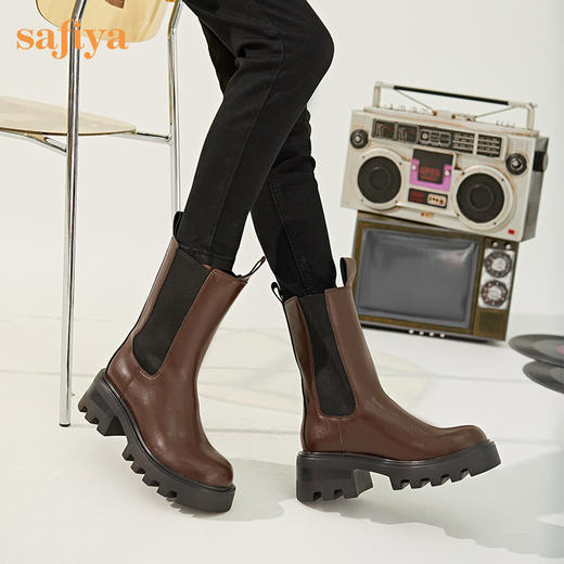 【新春秒杀】Safiya/索菲娅 潮流英伦风2022冬季新款高跟厚底复古真皮切尔西靴 SF24116180 商品图13