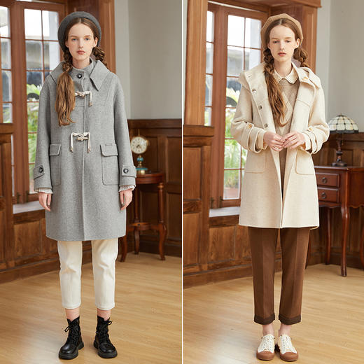 famecoco范可儿连帽呢子大衣女小个子冬季流苏牛角扣外套F228AR006 商品图4