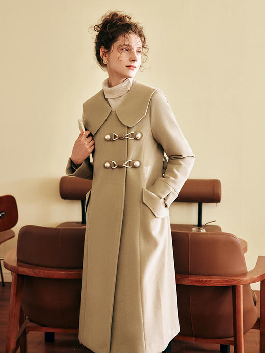 OLrain欧芮儿法式驼色毛呢外套女春2025年新款海军领中长款大衣 商品图1