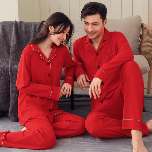 康妮雅春秋情侣睡衣居家长袖红色家居服套装 商品图0
