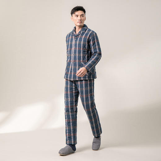 康妮雅睡衣家居服 男式长袖长裤开襟套装*蓝格 厚款 商品图0