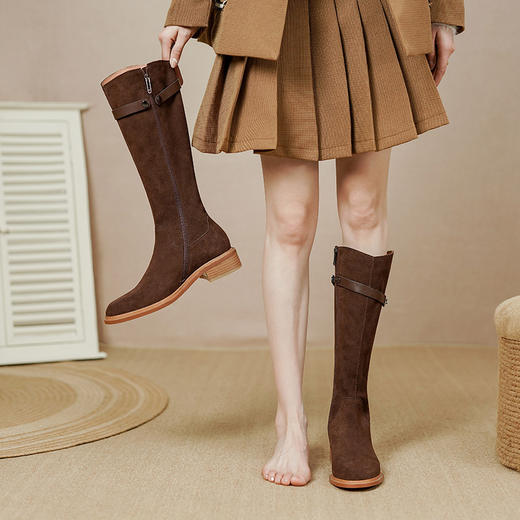 OLD PS1125aa法式复古气质显瘦不过膝长靴牛翻皮粗跟高筒靴 商品图2