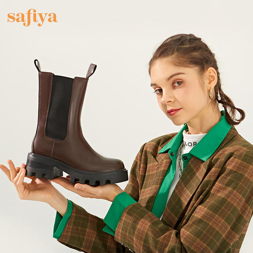 【新春秒杀】Safiya/索菲娅 潮流英伦风2022冬季新款高跟厚底复古真皮切尔西靴 SF24116180 商品图8
