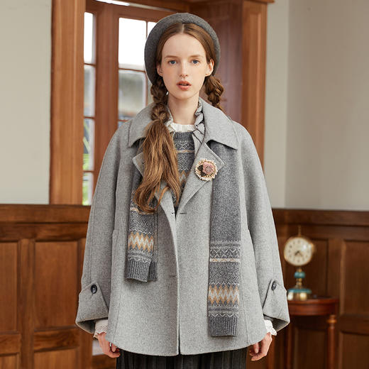 famecoco范可儿连帽双面呢大衣女短款冬季小个子羊毛斗篷外套F228AS001 商品图2