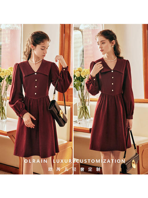 OLrain欧芮儿法式红色连衣裙女春季2023年新款收腰赫本风茶歇裙子 商品图1