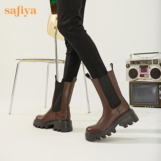 【新春秒杀】Safiya/索菲娅 潮流英伦风2022冬季新款高跟厚底复古真皮切尔西靴 SF24116180 商品图11