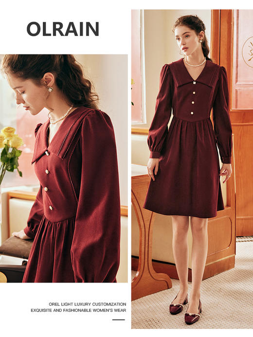 OLrain欧芮儿法式红色连衣裙女春季2023年新款收腰赫本风茶歇裙子 商品图3