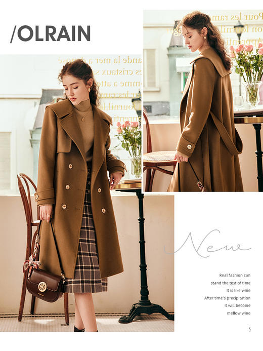 OLrain欧芮儿法式领毛呢外套女冬2025新款咖色羊毛中长大衣 商品图0