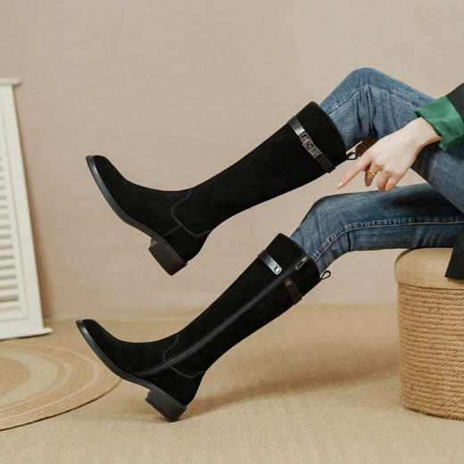 OLD PS1125aa法式复古气质显瘦不过膝长靴牛翻皮粗跟高筒靴 商品图3