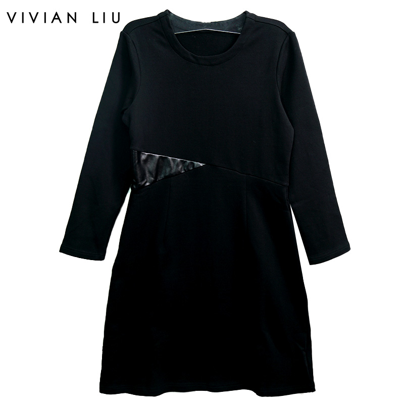 VIVIAN LIU R2257402 秋女装圆领腰间皮U分割线修身针织长袖连衣