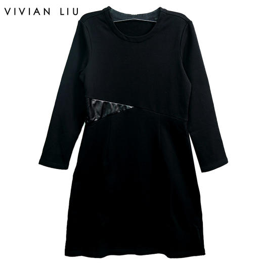 VIVIAN LIU R2257402 秋女装圆领腰间皮U分割线修身针织长袖连衣 商品图0