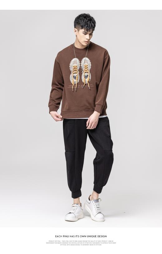 PINLI品立秋季新款男士圆领拼接鞋带压胶印花卫衣BG223209004 商品图3