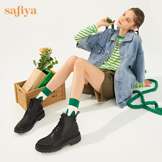 【春节不打烊】Safiya/索菲娅 新潮英伦风2022冬季新款厚底增高侧拉链机车皮靴 SF24116523 商品图2
